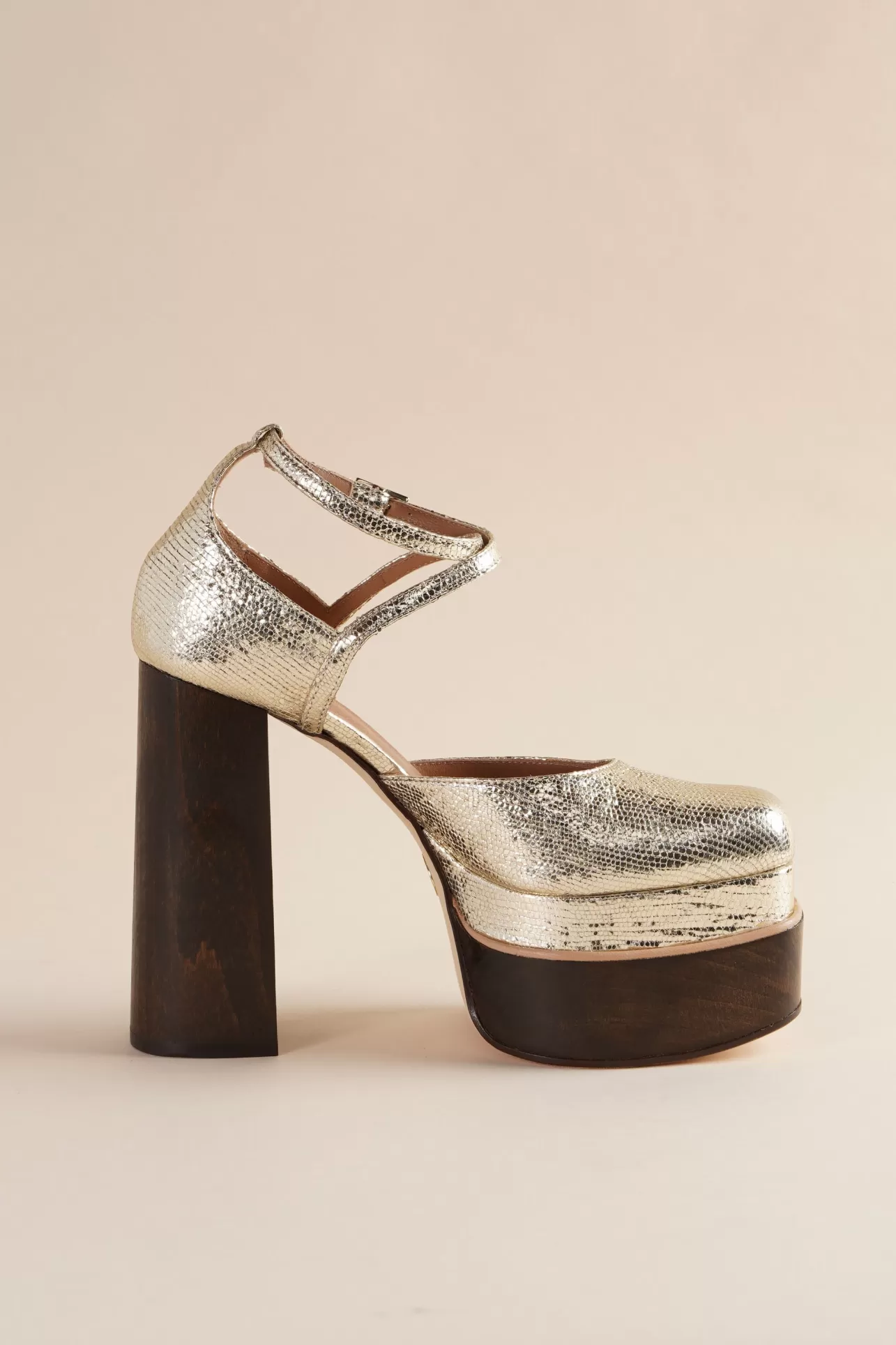 Heels-Brother Vellies Disco Mary Jane Platform In Gold Metallic Leather